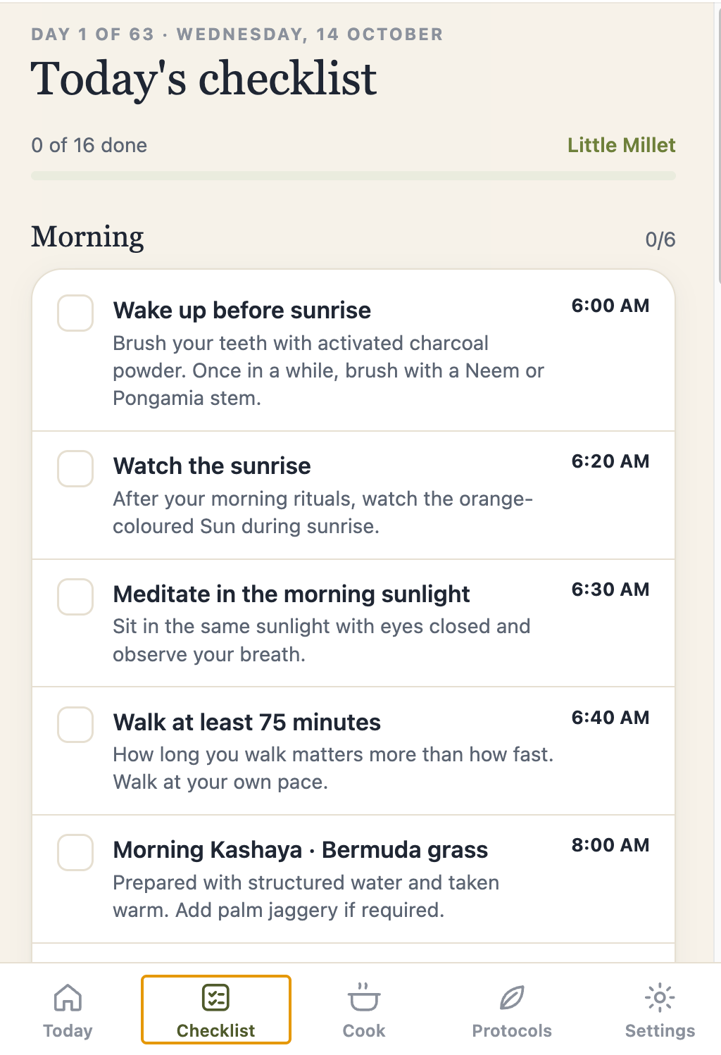 The Millet Protocol checklist screen